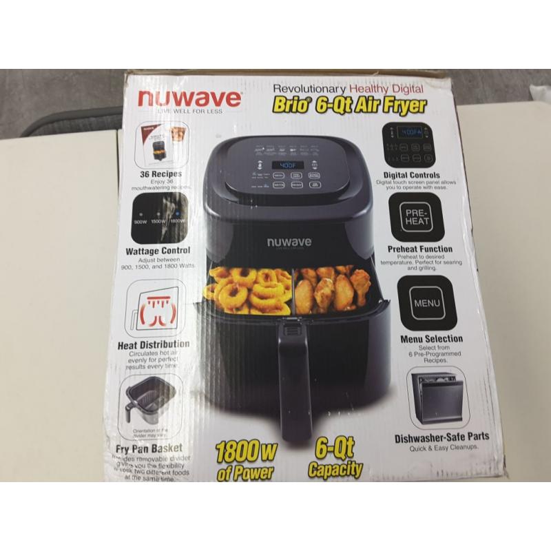 NuWave Brio 6-Quart Air Fryer with App Recipes (Black) includes basket divider, one-touch digital controls, 6 easy presets, wattage control, and advanced functions like SEAR, PREHEAT, DELAY, WARM and more