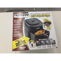 NuWave Brio 6-Quart Air Fryer with App Recipes (Black) includes basket divider, one-touch digital controls, 6 easy presets, wattage control, and advanced functions like SEAR, PREHEAT, DELAY, WARM and more