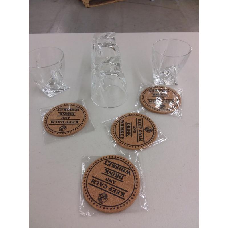 Vaci Crystal Whiskey Glasses, Set of 4, With 4 Coasters, Scotch, Malt or Bourbon Glass, Glass Set