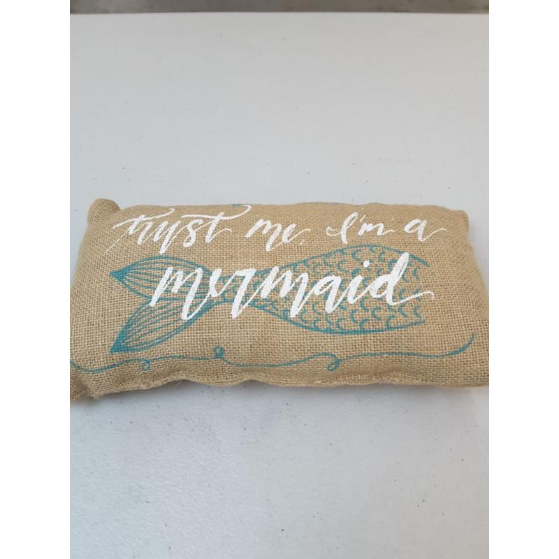 Small Burlap Nautical Mermaid Pillow, 12 X 6