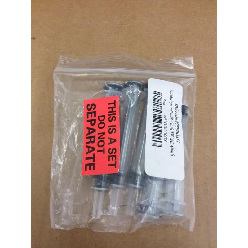 5 Pack 3ML 3CC 6/10 Tsp. Slip Tip Syringes with No Needle