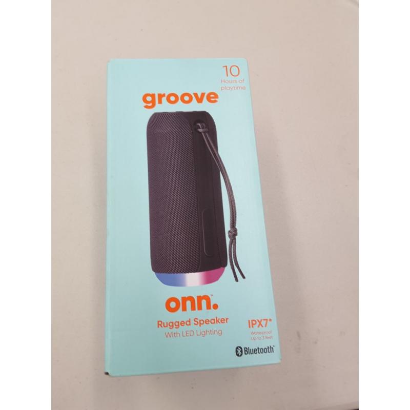 Groove on speaker, waterproof up to 3 feet, led lighting, 10 hours of play time, Bluetooth