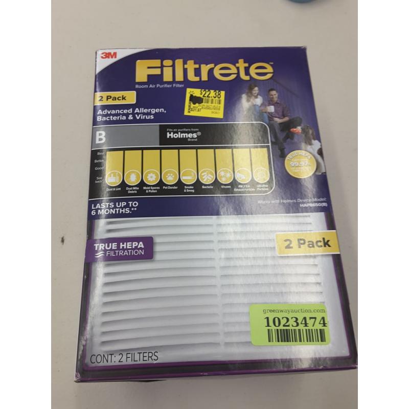 Filtrete Allergen, Bacteria & Virus True HEPA Room Air Purifier Filter, Replaces Size B Filters, 2 Pack
