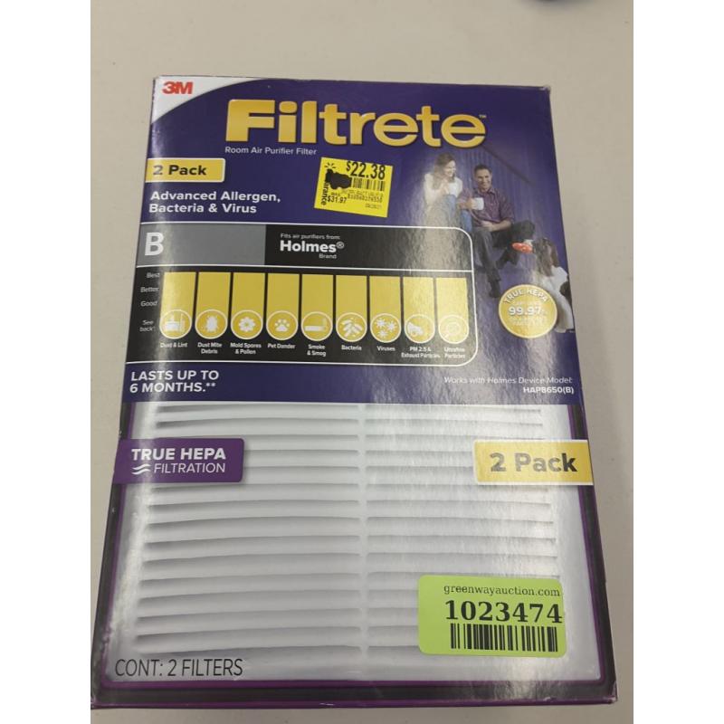 Filtrete Allergen, Bacteria & Virus True HEPA Room Air Purifier Filter, Replaces Size B Filters, 2 Pack