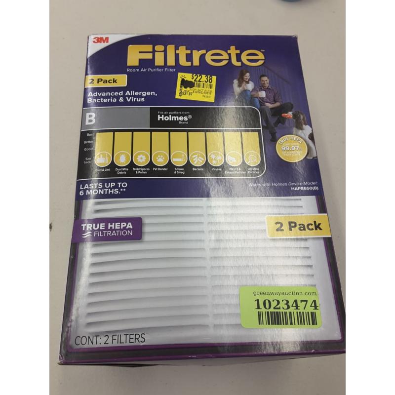 Filtrete Allergen, Bacteria & Virus True HEPA Room Air Purifier Filter, Replaces Size B Filters, 2 Pack