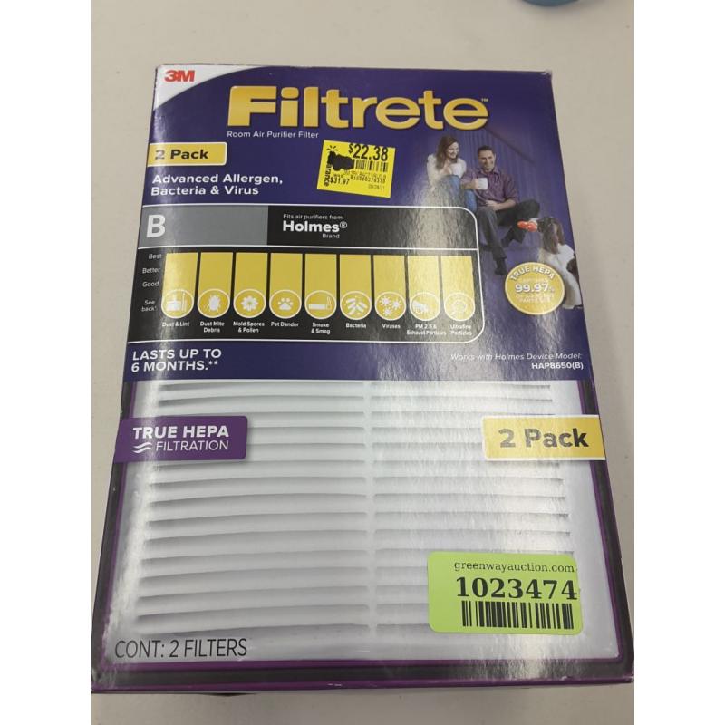 Filtrete Allergen, Bacteria & Virus True HEPA Room Air Purifier Filter, Replaces Size B Filters, 2 Pack