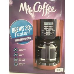 Mr coffee rapid brew system brews 20% faster, 12 cups, grab a cup auto pause, 2 hour auto shut off