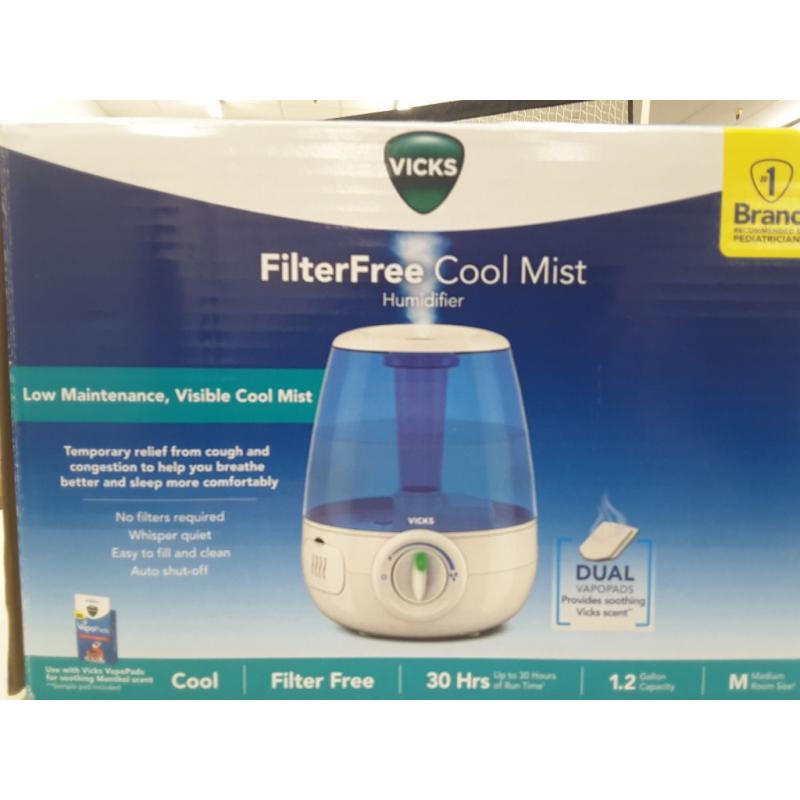 Vicks Filter-Free Ultrasonic Visible Cool Mist Humidifier for Medium Rooms, 1.2 Gallon With Auto Shut-Off, 30 Hours of Moisturized Air, Use With Menthol Scented Vicks VapoPads