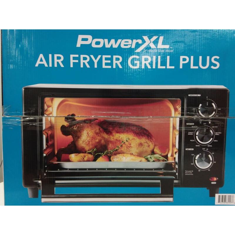 8 im 1 Power XL Air Fryer Grill plus up to 70% fewer calories, rapid air technology, low fat cooking, easy to clean. Familg size serves 4-8 servings, air fry, grill, toast, bagel, pizza, bake, broil, and reheat