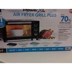 8 im 1 Power XL Air Fryer Grill plus up to 70% fewer calories, rapid air technology, low fat cooking, easy to clean. Familg size serves 4-8 servings, air fry, grill, toast, bagel, pizza, bake, broil, and reheat