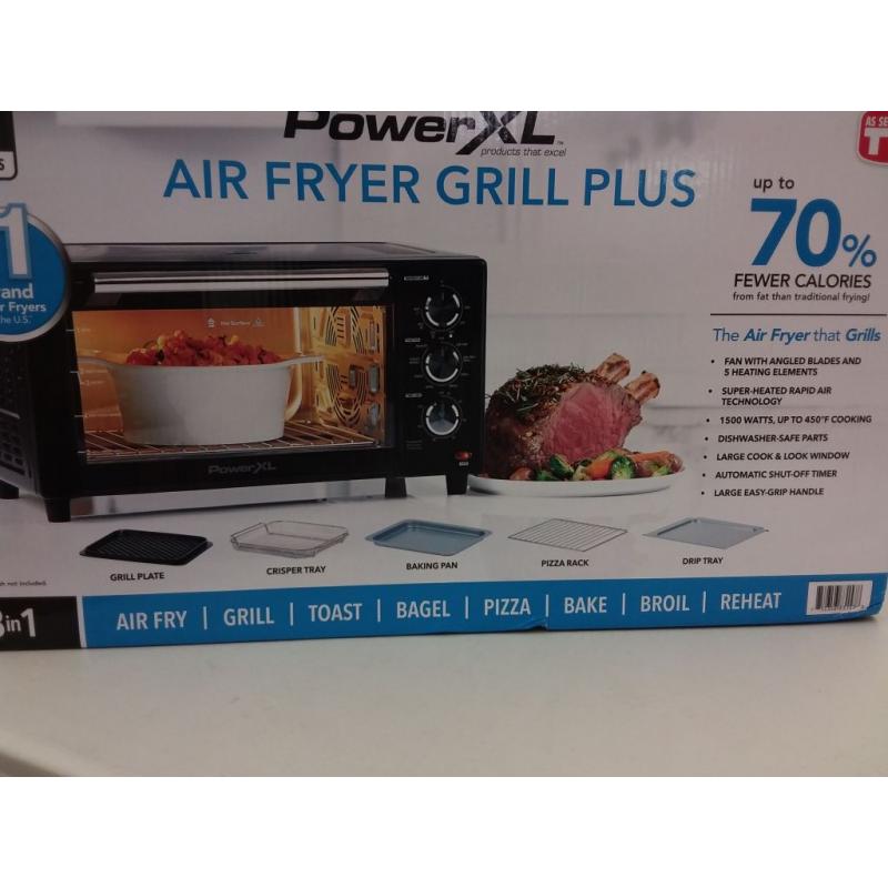 8 im 1 Power XL Air Fryer Grill plus up to 70% fewer calories, rapid air technology, low fat cooking, easy to clean. Familg size serves 4-8 servings, air fry, grill, toast, bagel, pizza, bake, broil, and reheat