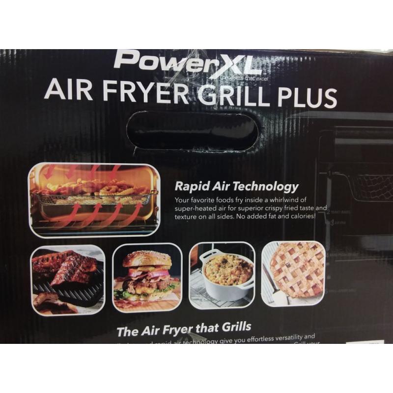 8 im 1 Power XL Air Fryer Grill plus up to 70% fewer calories, rapid air technology, low fat cooking, easy to clean. Familg size serves 4-8 servings, air fry, grill, toast, bagel, pizza, bake, broil, and reheat