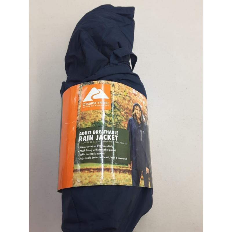 Ozark Trail outdoor equipment adult breathable rain jacket, water resistance, packable pockets, and reflective back accents