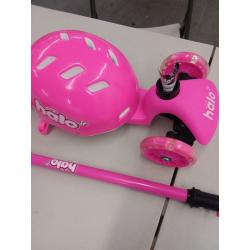 HALO Rise Above Jr 3 Wheel Scooter Combo - Pink - Super-Bright Light Up Wheels + Size Adjustable Helmet - Designed For All Riders (Unisex)
