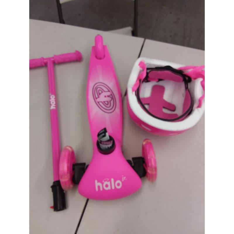 HALO Rise Above Jr 3 Wheel Scooter Combo - Pink - Super-Bright Light Up Wheels + Size Adjustable Helmet - Designed For All Riders (Unisex)