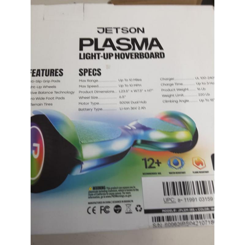 Jetson Plasma Hoverboard | Weight Limit 220 lb, Ages 12+ | Black | LED Liquid Light Patterns, Anti-Slip, All-Terrain Tires | 10 MPH | Range 10 Miles | 3 Hr Charge Time | 36V, 2.5Ah Lithium-Ion