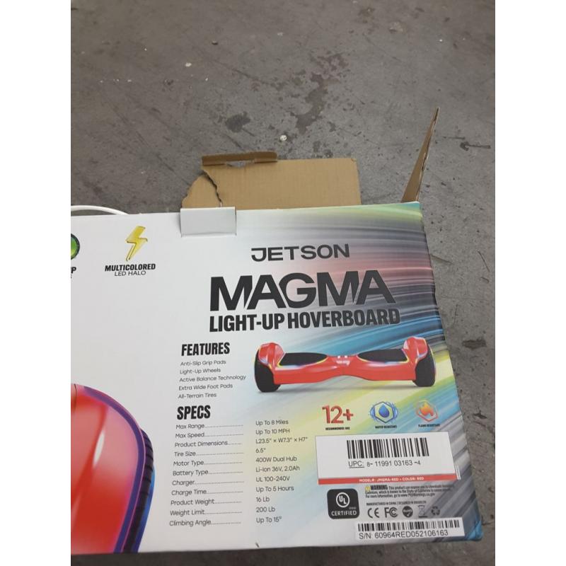 Jetson Magma Hoverboard | Weight Limit 200 lb, 12+ | Red |Active Balance Technology, Light-Up Wheels, All-Terrain Tires | Top Speed of 10 MPH | Range 8 Mi | 5 Hour Charge Time | 36V, 2.0Ah Lithium-Ion