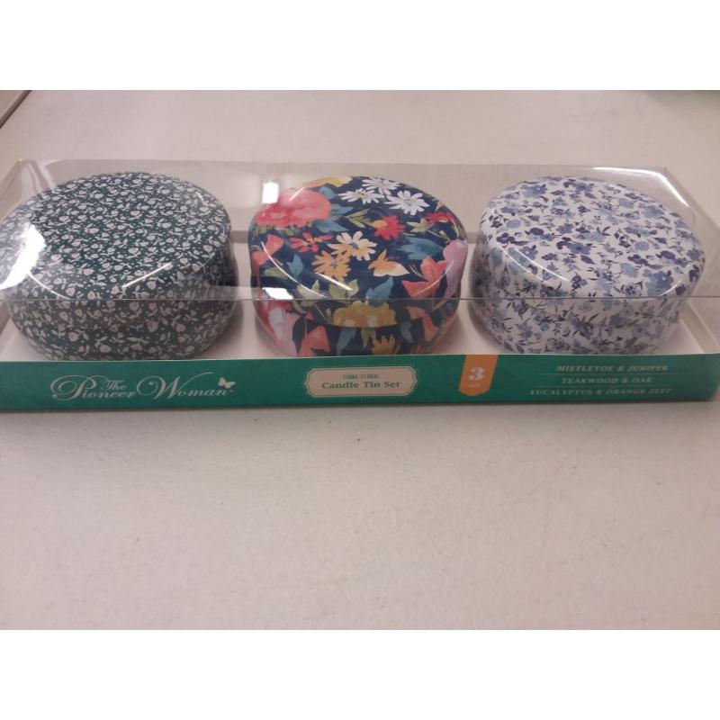 The Pioneer Woman 3-Piece Woodsy Collection Tin Candles Set, Mistletoe & Juniper, Teakwood & Oak, and Eucalyptus & Orange Zest, 4.95 oz