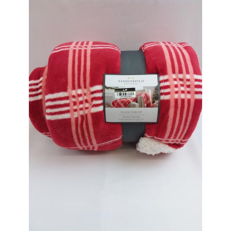 Threshold Red Windowpane Plaid Printed Plush with Sherpa Reverse Throw Blanket