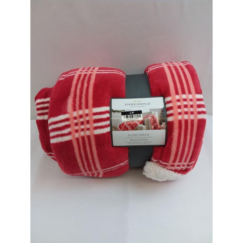 Threshold Red Windowpane Plaid Printed Plush with Sherpa Reverse Throw Blanket
