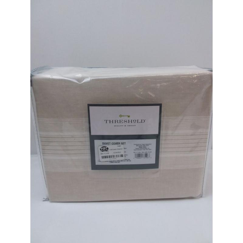 Full/Queen Chambray Yarn Dye Stripe Duvet & Sham Set Neutral