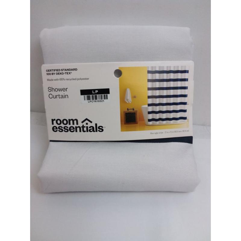 Rugby Stripe Shower Curtain White/Blue Cool - Room Essentials