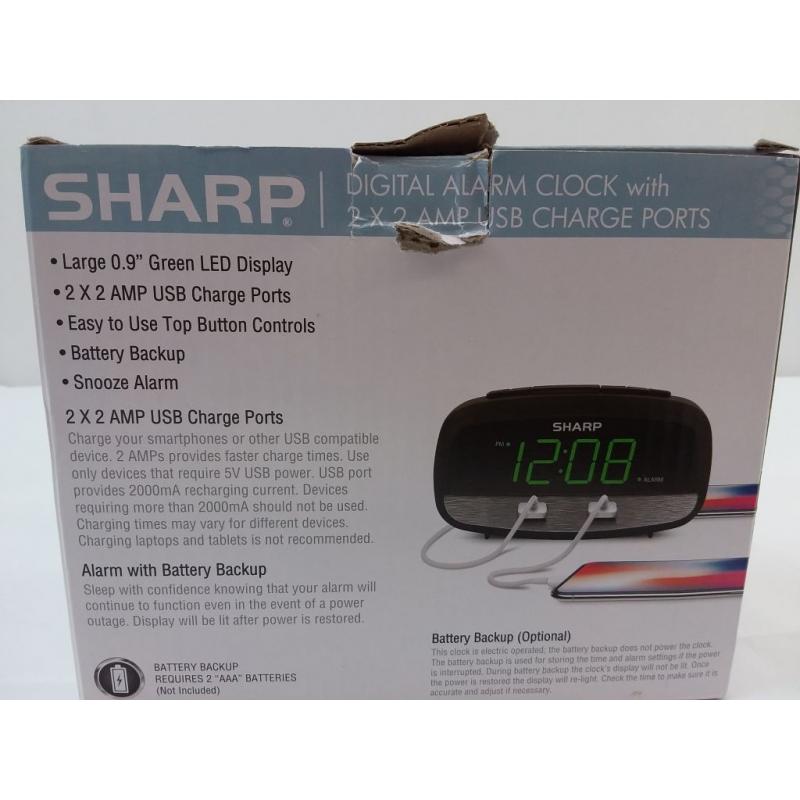 2/2 Amp USB Charge LED Alarm Clock Black - Sharp