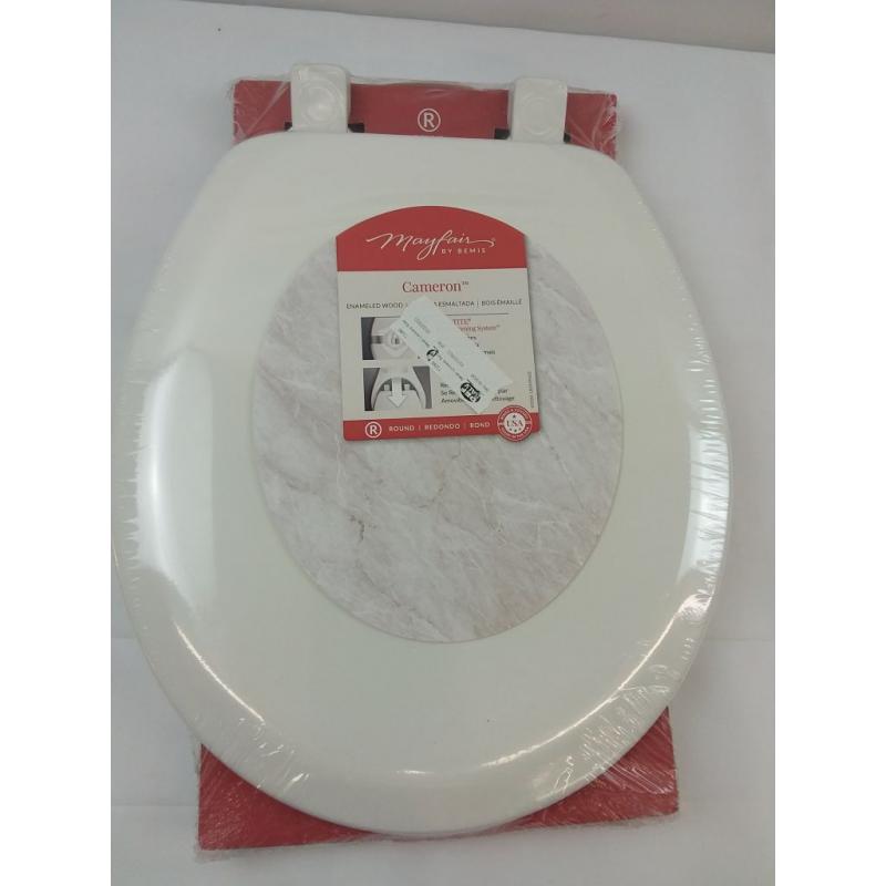 Cameron Never Loosens Round Enameled Wood Toilet Seat with Easy Clean Hinge White - Mayfair by Bemis