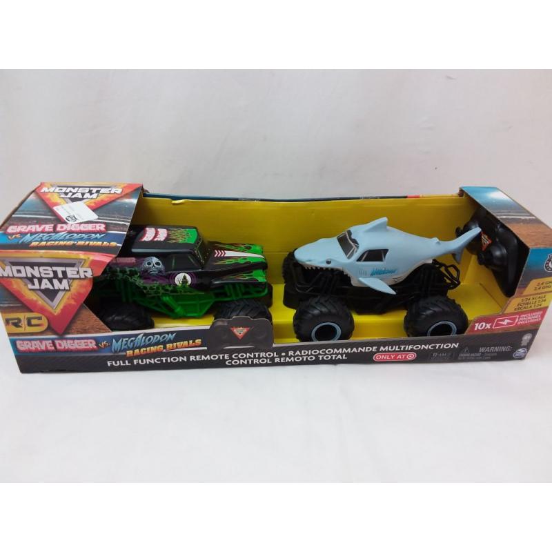 Monster Jam Official Grave Digger vs Megalodon Racing Rivals Remote Control Monster Trucks - 1:24 scale - 2 pk