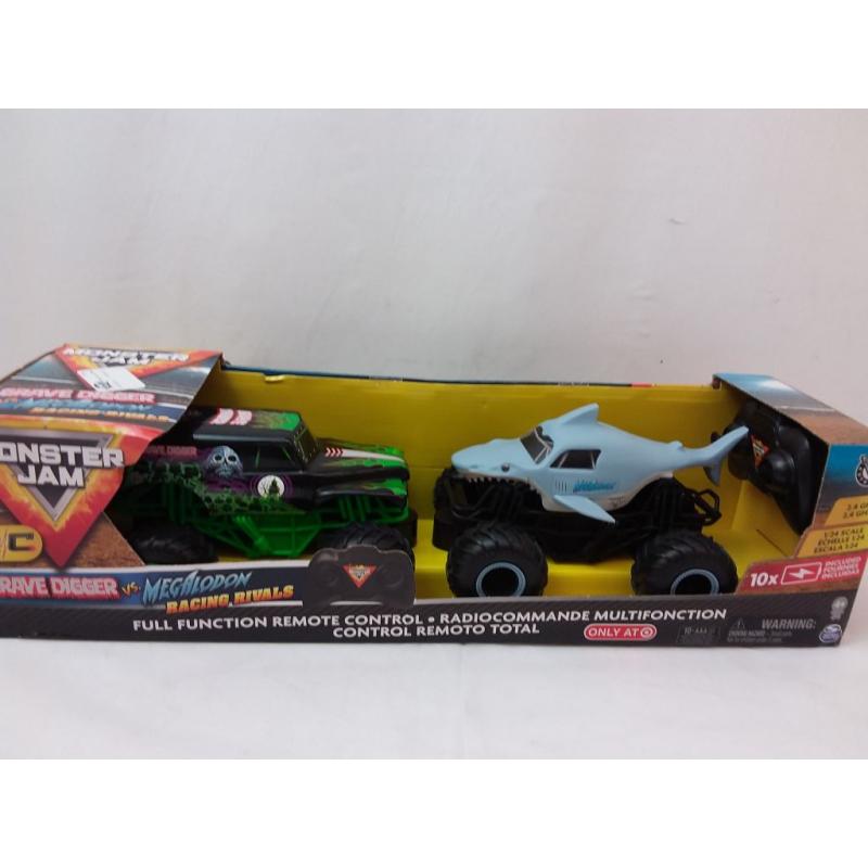 Monster Jam Official Grave Digger vs Megalodon Racing Rivals Remote Control Monster Trucks - 1:24 scale - 2 pk