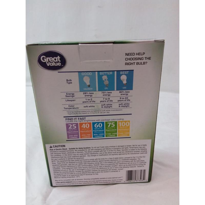 GREAT VALUE LED Light Bulbs 106 60W Soft White Dimmable