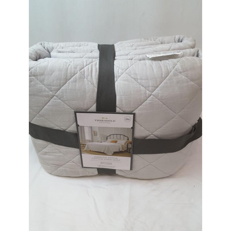 Full/Queen Diamond Stitch Cotton Linen Quilt Light Grey