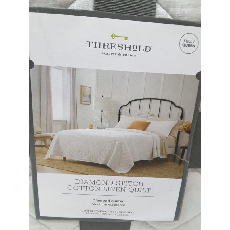 Full/Queen Diamond Stitch Cotton Linen Quilt Light Grey