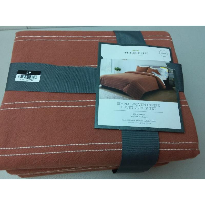 3pc King Simple Woven Stripe Duvet & Sham Set Cognac - Threshold