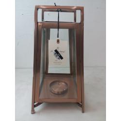 Small Raised Metal & Glass Pillar Candle Lantern Copper