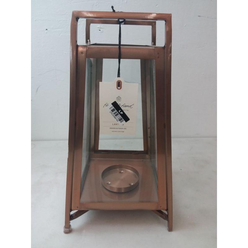 Small Raised Metal & Glass Pillar Candle Lantern Copper