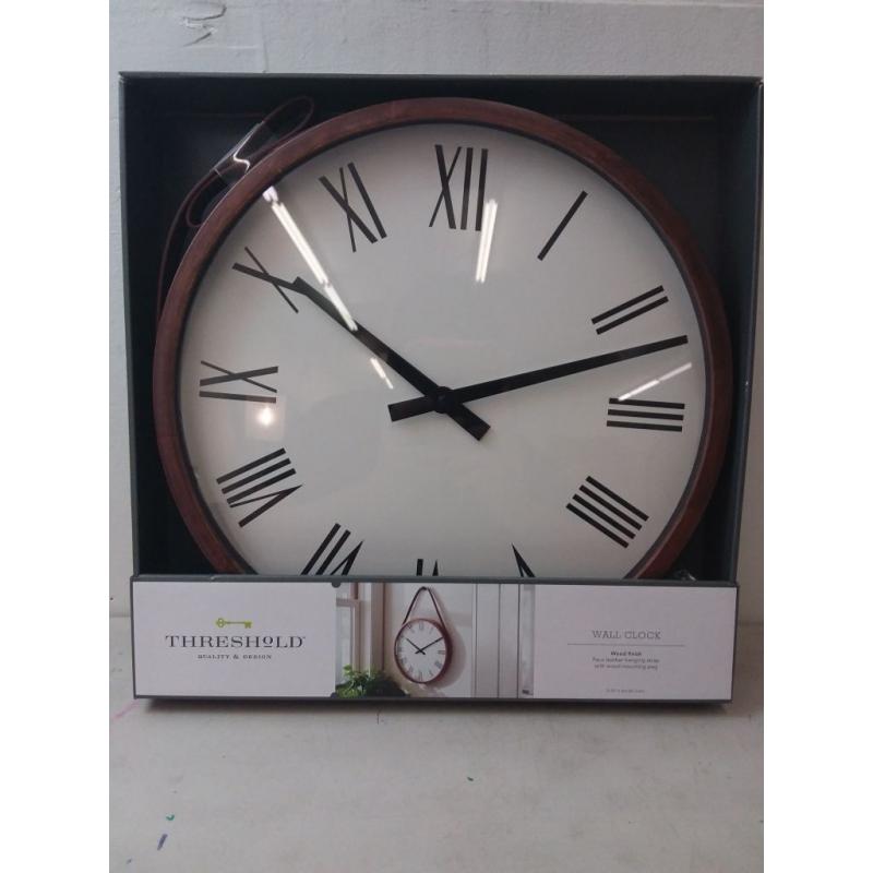 16 Wall Clock with Leather Strap Brown