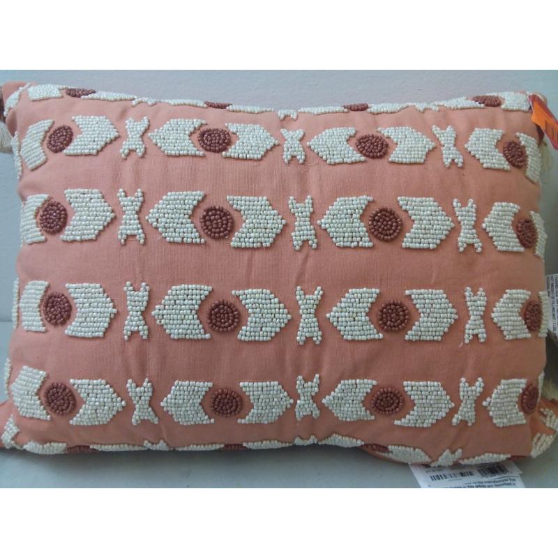 Beaded Geometric Pattern Lumbar Throw Pillow Terracotta