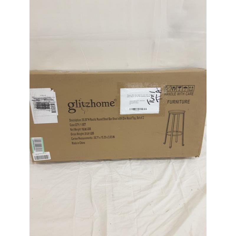 Glitzhome Rustic Round Steel Bar Stool With Elm Wood Top, Set of 2