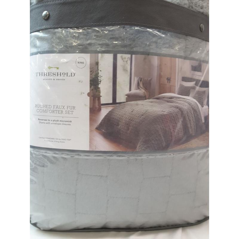 King Ruched Faux Fur Comforter & Sham Set Gray - Threshold