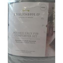 King Ruched Faux Fur Comforter & Sham Set Gray - Threshold