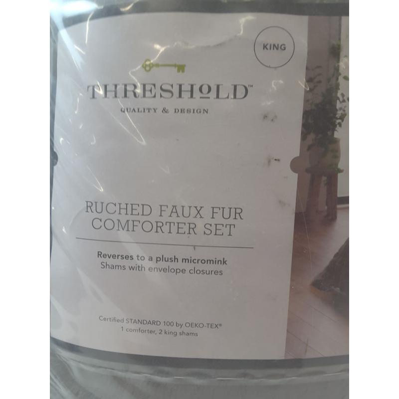 King Ruched Faux Fur Comforter & Sham Set Gray - Threshold