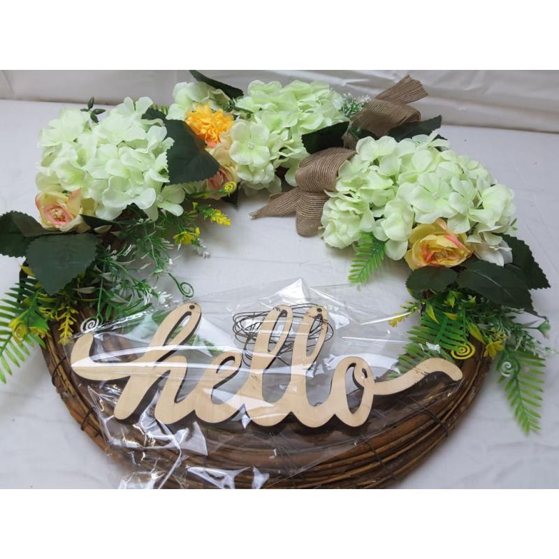 Cypers 15 inch Grapevine Artificial Flower Wreath With Hello