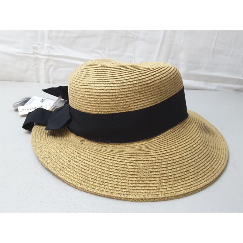 Morstyle Women Wide Brim Natural Black Ribbon Hat