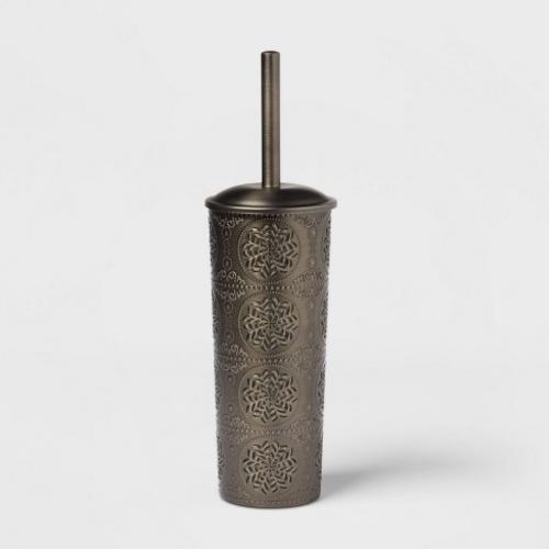 Punched with Embossed Solid Toilet Brush And Holder Set Dark Silver