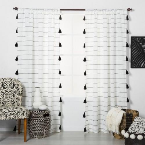 63x54 Light Filtering Window Curtain Panel with Tassel Black/White- Opalhouse