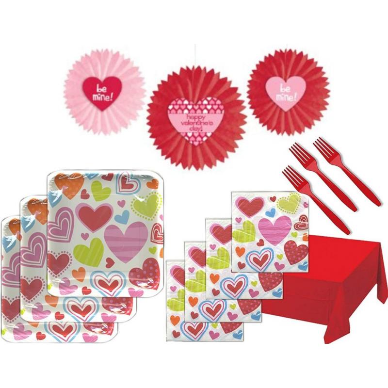 Valentines Day Colorful Hearts Party Supply Bundle for 16 Guests - Includes Plates, Napkins, Tablecover, Forks and Tissue Fan Decorations Brand: Custom Bundle