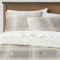 King Sherpa & Plush Reversible Plaid Comforter & Sham Set Gray/Cream - Threshold