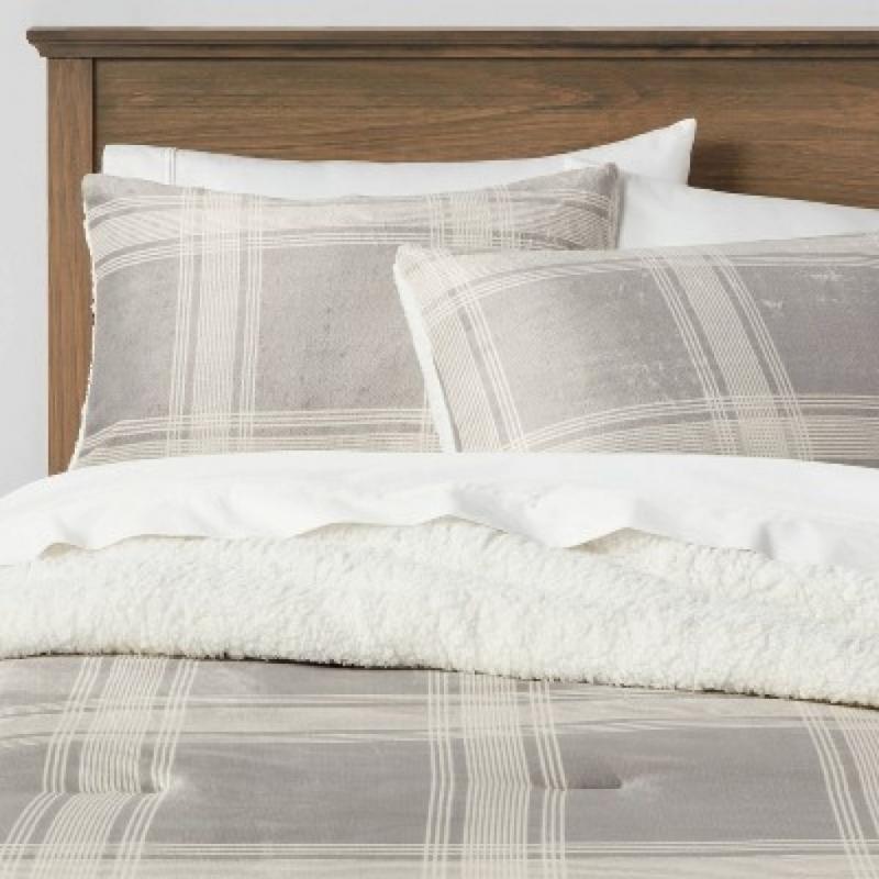 King Sherpa & Plush Reversible Plaid Comforter & Sham Set Gray/Cream - Threshold