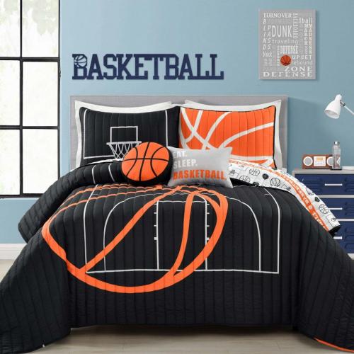 5pc Full/Queen Basketball Game Quilt Set Black/Orange
